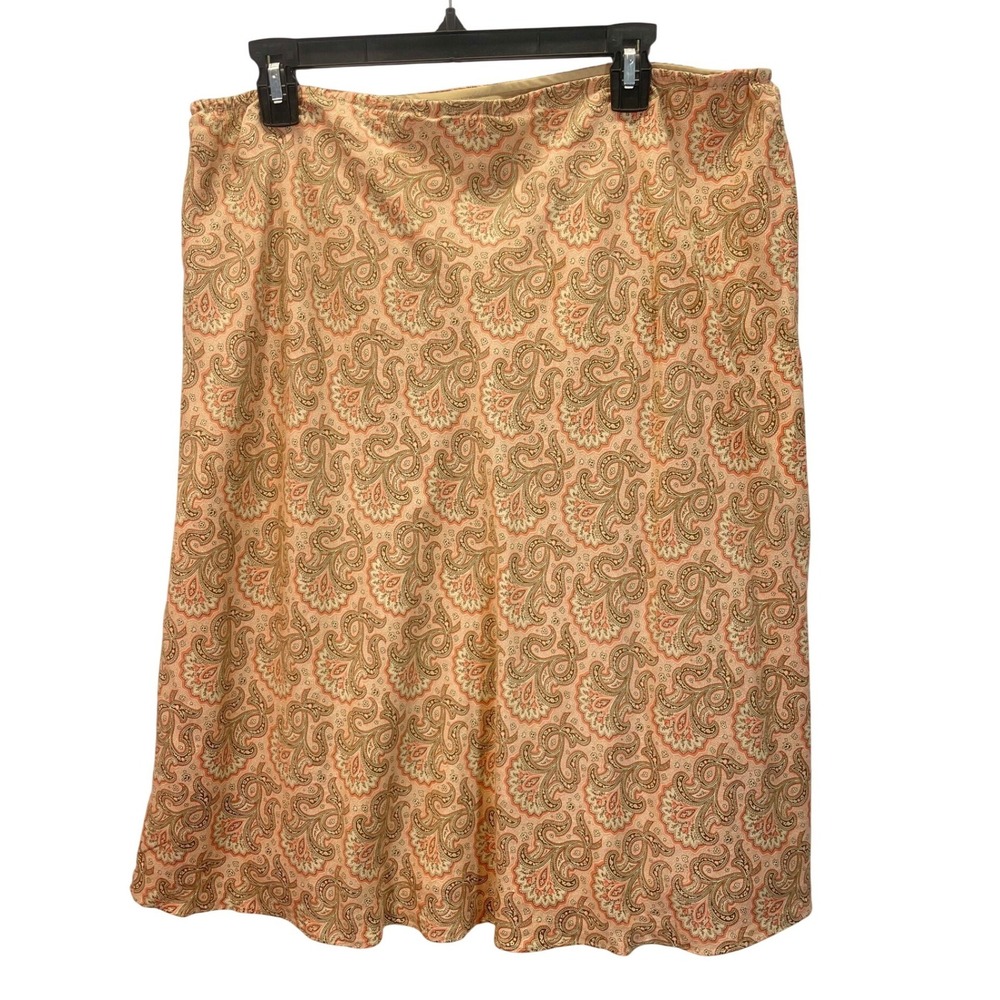 NEW YORK & COMPANY Paisley Silk Blend Midi Skirt Women's XL Peach Brown Boho